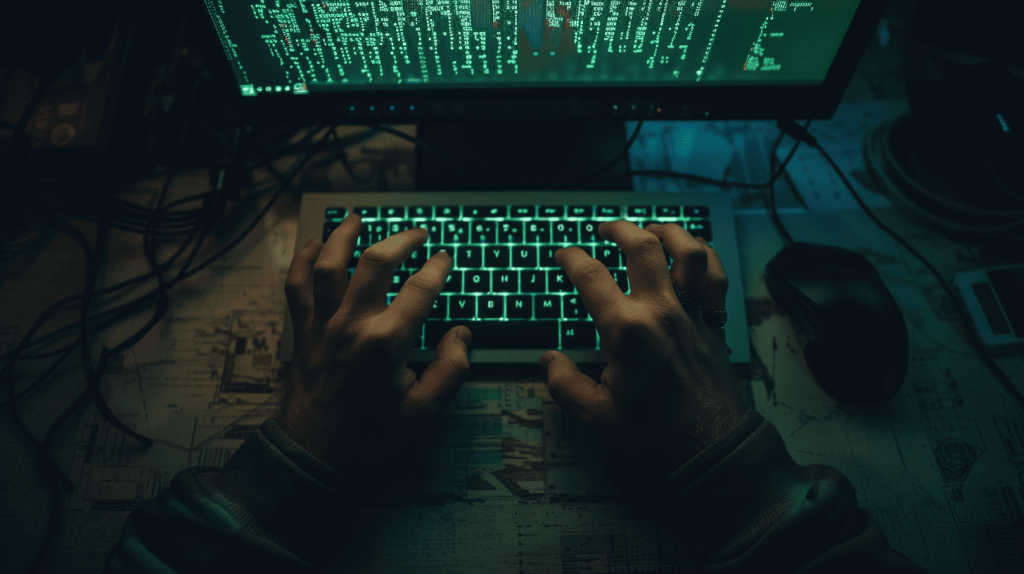 Close up of hands typing on keyboard in dark room with terminal code reflected on screen