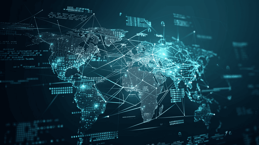 Digital world map made of news headlines connected by encrypted lines forming onion layers, representing global news organization onion mirrors on the dark web