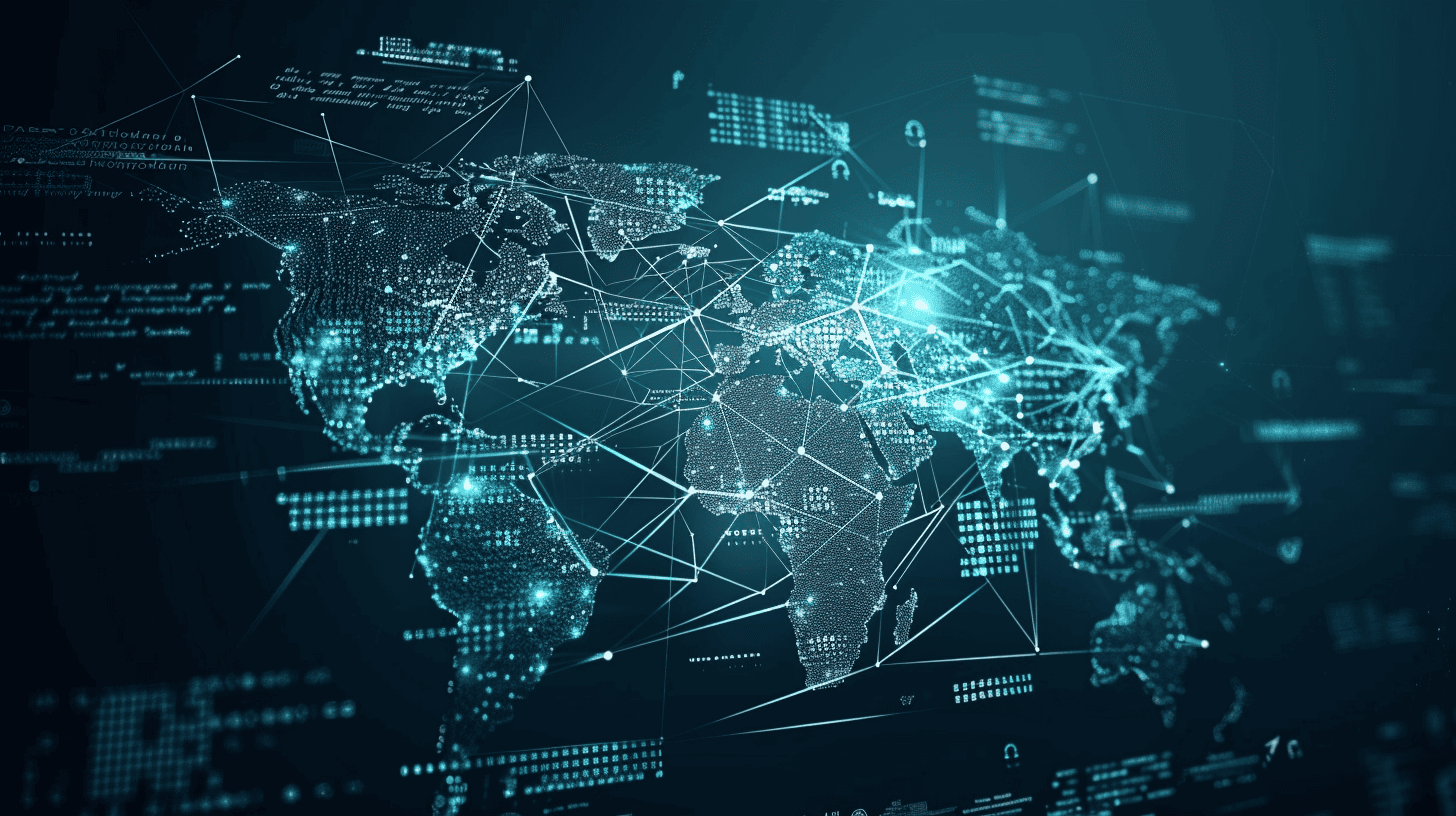 Digital world map made of news headlines connected by encrypted lines forming onion layers, representing global news organization onion mirrors on the dark web